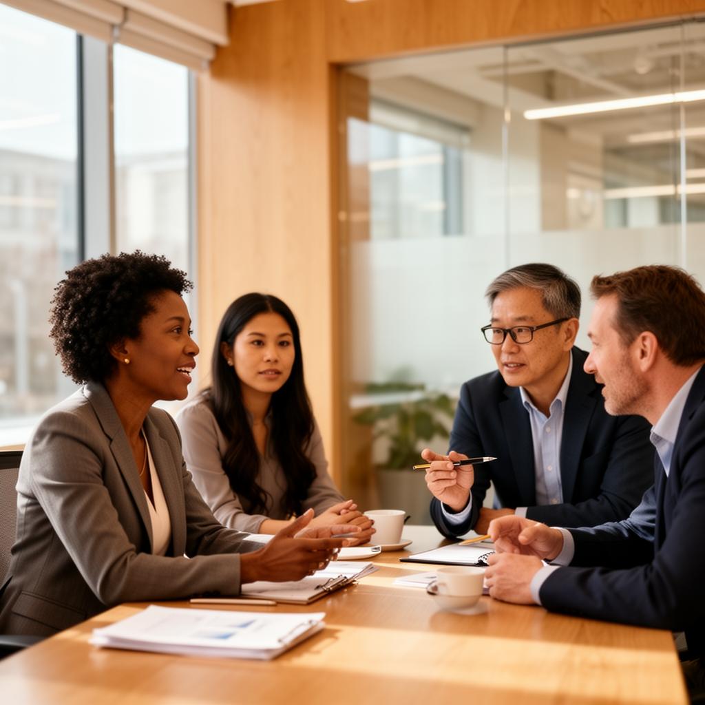 Senior executives in conversation around a boardroom table