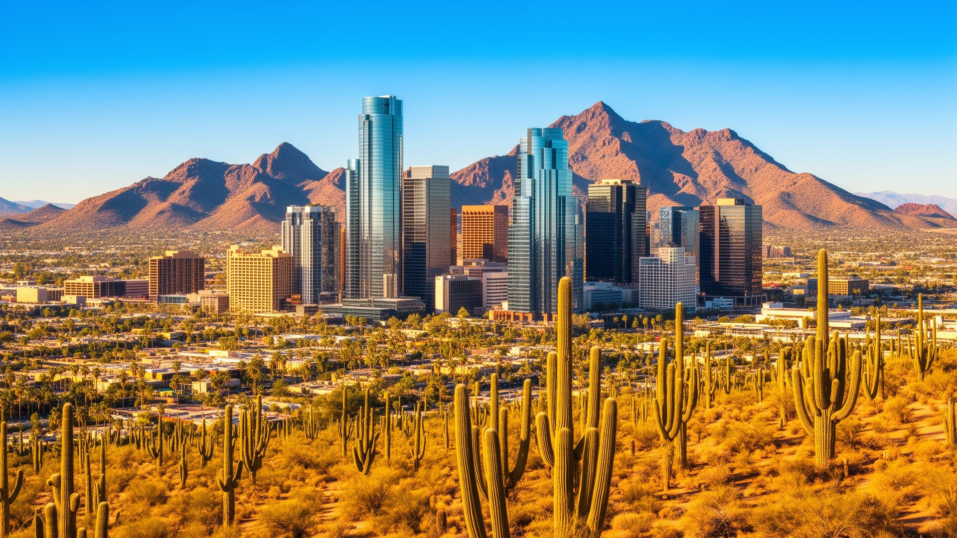 Phoenix skyline at golden hour with saguaro silhouettes